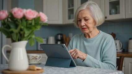 Elderly woman using tablet at kitchen table with flowers, technology struggles and senior everyday life