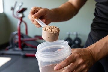 Close up of a person s hands scooping brown protein powder into a shaker bottle in a gym setting