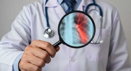 Doctor Examining Lung XRay Through Magnifying Glass.