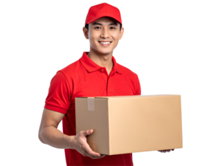 Smiling delivery man in red uniform holding cardboard box, isolated on a transparent background, PNG
