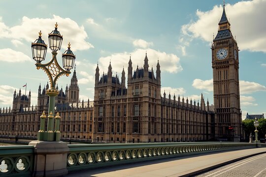 Iconic big ben and the houses of parliament stand majestically against a bright blue sky with fluffy white clouds in london england - Powered by Adobe