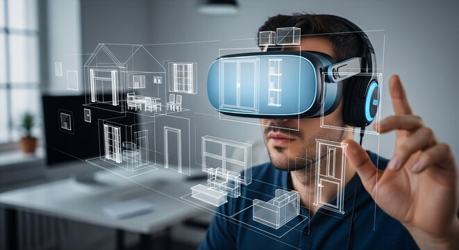A man in virtual reality glasses studies furniture with augmented reality in the interior of a house. Shots from the future of technology. Galagraphic furniture and 3D interior samples.