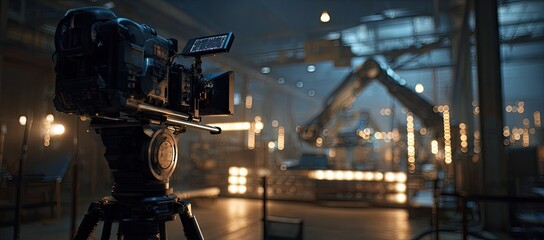 Professional video camera on a tripod filming on a set.