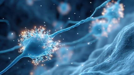 Medical artwork featuring glowing neuron-like cells with dendrites and axons interconnected on a dark blue background,