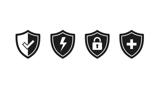 Set of shield icons representing security protection safety and success in business and technology vector