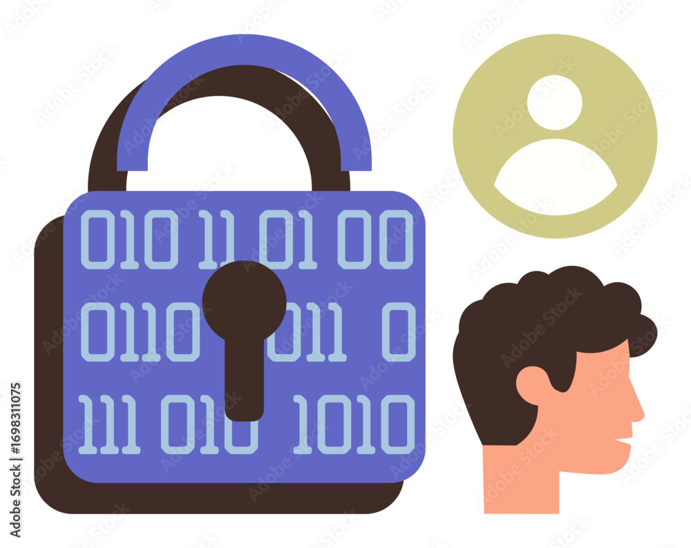 Poster padlock with binary code, user profile icon, and human face emphasize secure personal data, privacy,