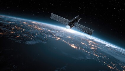 Obraz premium Advanced satellite technology orbits Earth illuminating city lights at sunrise.