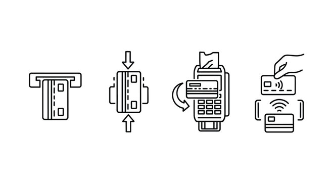 Credit card transaction steps explained through simple line icons showing payment methods vector