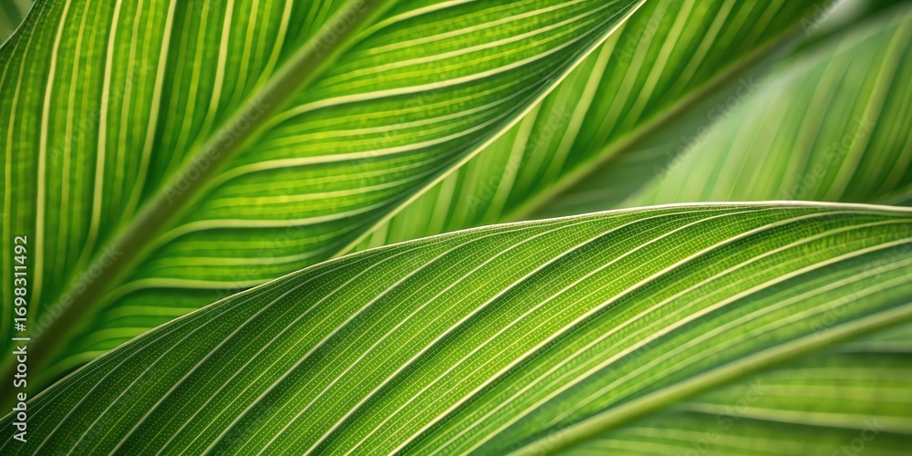 Poster abstract macro photography of overlapping green leaves showing intricate patterns and textures vibra