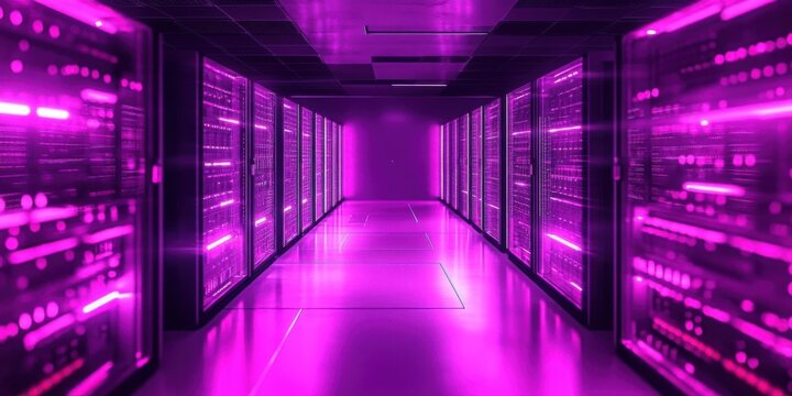 A futuristic neon-lit data center server room- with glowing pink and purple lights reflecting on sleek floors- showcasing high-tech racks filled with data servers.