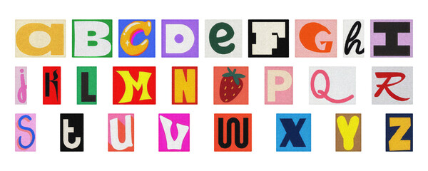 Complete alphabet PNG collage set, colorful isolated letters for design