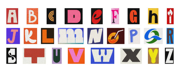 Complete alphabet PNG collage set, colorful isolated letters for design
