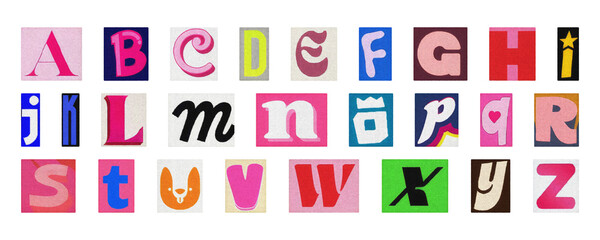 Complete alphabet PNG collage set, colorful isolated letters for design