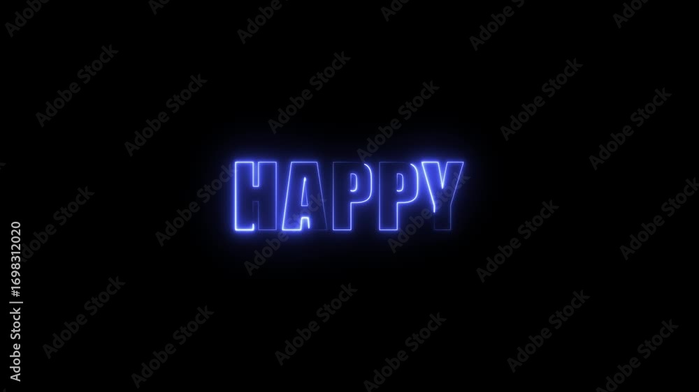 Poster glowing blue neon word hapy centered on a black background with a subtle glow effect happy text