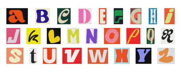 Complete alphabet PNG collage set, colorful isolated letters for design