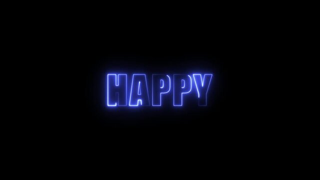 Glowing blue neon word HAPY centered on a black background with a subtle glow effect happy text