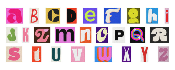 Artistic alphabet PNG set, colorful isolated collage letters for creative design