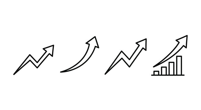 Four hand drawn upward trending arrow and bar chart icons for business growth and success vector