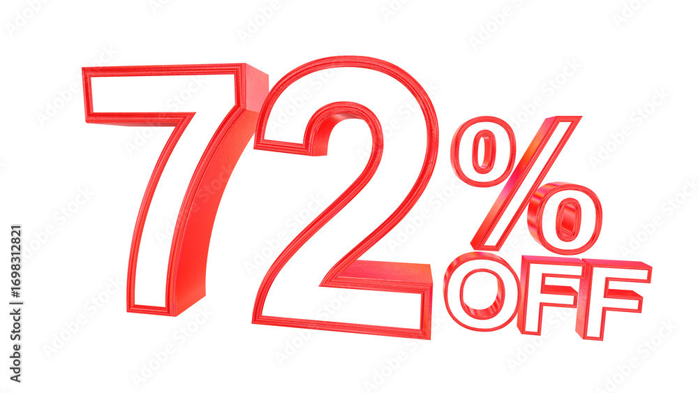 Poster 3d 72 percent off text with solid white and red metal outline effects isolated on a transparent back