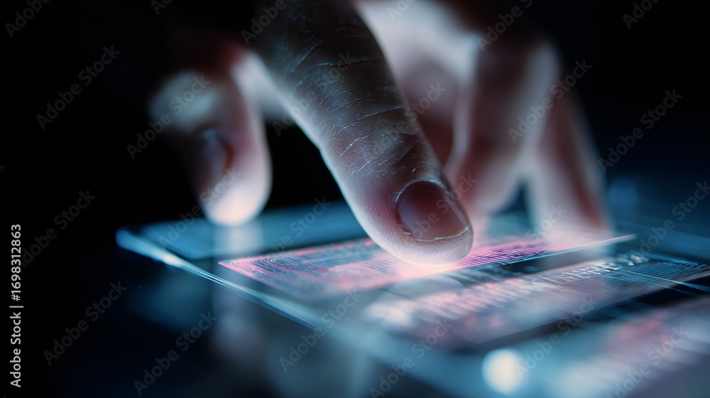 Poster hand touching futuristic transparent device screen for technology and digital interface concept