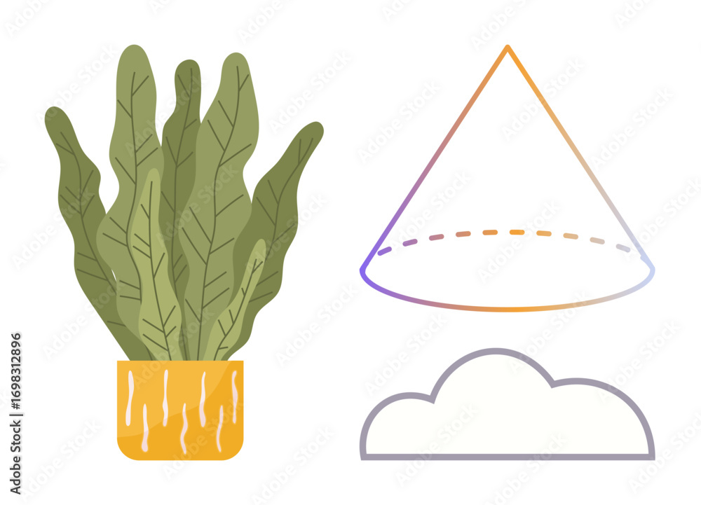 Poster potted houseplant with large leaves next to a gradient cone outline and a simple cloud shape. ideal 