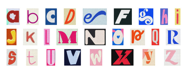 Artistic alphabet PNG set, colorful isolated collage letters for creative design
