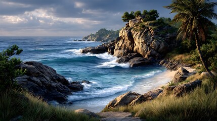 Obraz premium A dramatic coastal scene with crashing waves and rocky outcrops catching the last light of day.