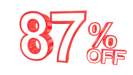 3d 87 percent off text with solid white and red metal outline effects isolated on a transparent background. 3d elements for graphic design.