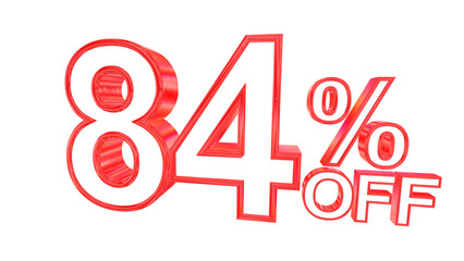 3d 84 percent off text with solid white and red metal outline effects isolated on a transparent background. 3d elements for graphic design.