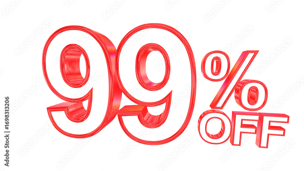 Poster 3d 99 percent off text with solid white and red metal outline effects isolated on a transparent back