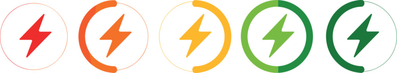 Battery charging level icons, energy power symbol set, electricity bolt gradient, UI UX design elements, renewable green energy vector