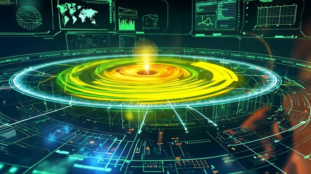 Advanced glowing digital energy vortex interface with holographic neon circular data visualization and futuristic technology design - Powered by Adobe