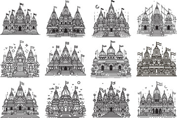 Temple Vector Bundle &ndash; Hand Drawn Decorative Palace and Mandir Illustrations, Black and White Architecture Set