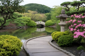 Serene Japanese Garden Landscape Featuring a Curved Pathway, White Bridge, and Blooming Azaleas