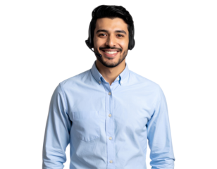 Smiling man wearing headset, isolated on a transparent background, PNG