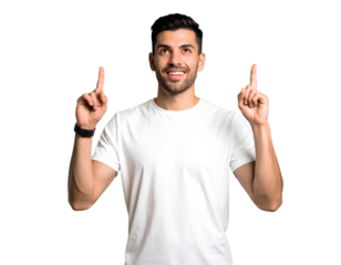 Young handsome man pointing up with idea, isolated on a transparent background, PNG