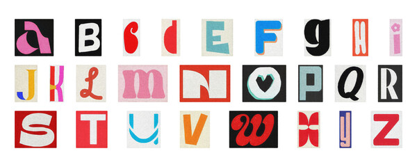 Modern typography alphabet set, creative collage letters PNG transparent
