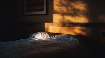 A serene bedroom scene with an unmade white bed bathed in sunlight,