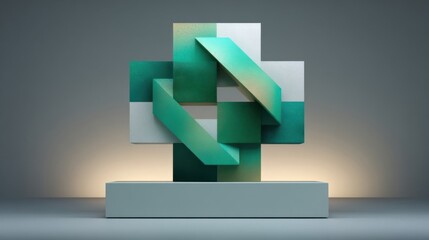 A geometric sculpture with interlocking teal shapes, squares and elongated rectangles intertwine on a plain background,