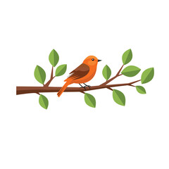 Cartoon Bird Vector Illustration An Orange Robin on a Tree Branch with Green Leaves Clip Art Wildlife Art Springtime