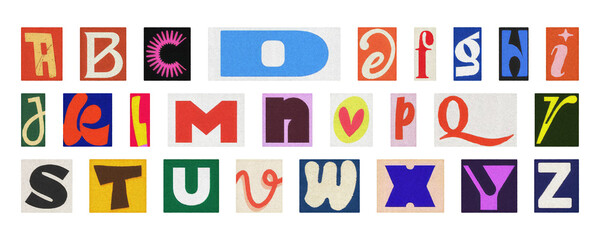 Modern typography alphabet set, creative collage letters PNG transparent