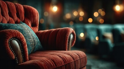 Obraz premium An elegant red velvet armchair with tufted backrest and wooden arms features a green cushion embroidered with gold leaf,
