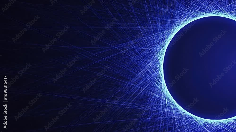 Poster abstract futuristic background of a digital network with glowing blue lines converging on a dark sph