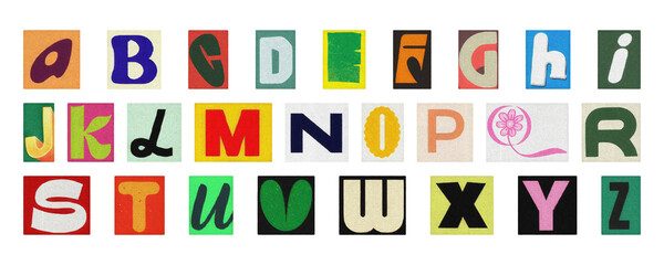Retro style alphabet collage, colorful cut-out letters PNG transparent
