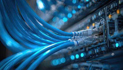 Blue network cables connected to server rack with blinking lights.