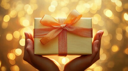 Two hands gently hold a beautifully wrapped gift box adorned with a bright ribbon- symbolizing the...