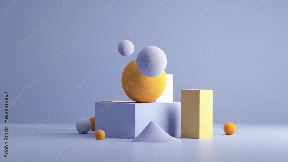 Poster minimalist geometric abstract composition with floating spheres and blocks in soft tones