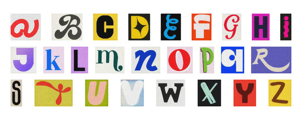 Retro style alphabet collage, colorful cut-out letters PNG transparent