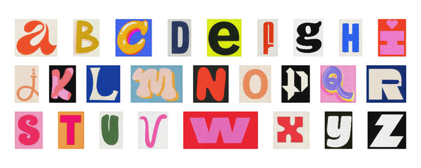Retro style alphabet collage, colorful cut-out letters PNG transparent