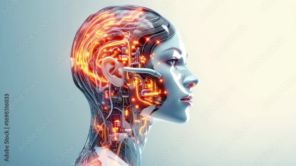 Poster futuristic video concept of a cyborg with a side profile view. intricate circuitry glows within, ble